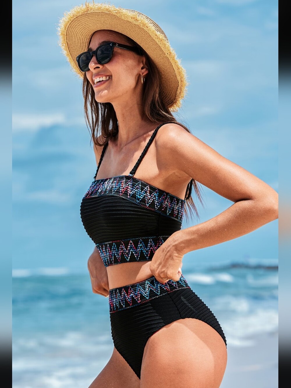 New With Tags Cupshe Black Geo Square Neck Bikini Top & High-Waisted Bottoms Set